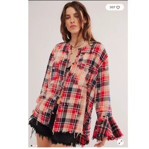 One Teaspoon Shirt Small Red Plaid Flannel Distressed Button Up Flare‎ Sleeves